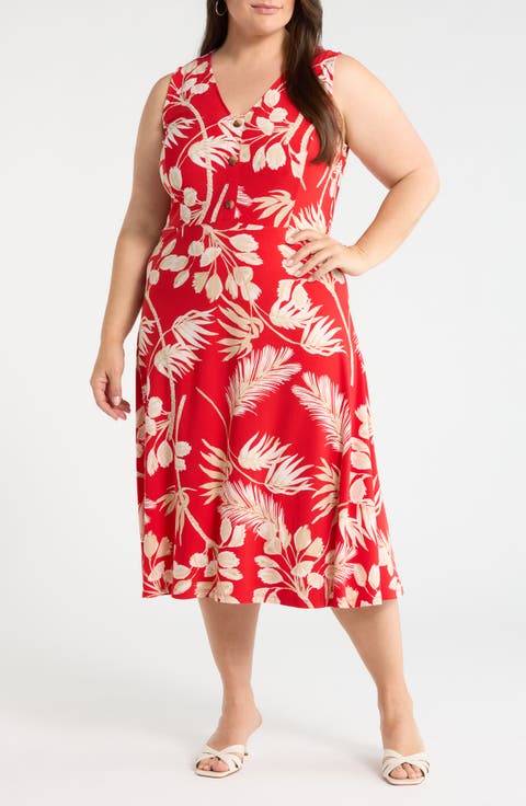 Tropical Floral Print Sleeveless Midi Dress (Plus)