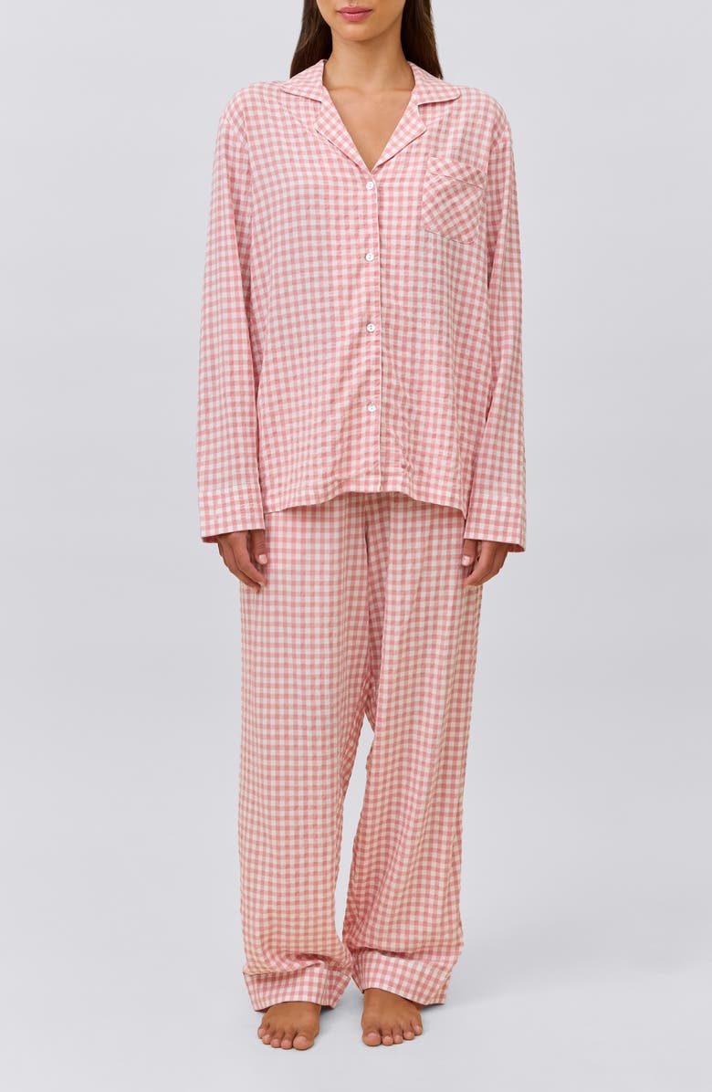 Papinelle Seersucker Gingham Cotton Blend Pajamas, Alternate, color, Strawberry