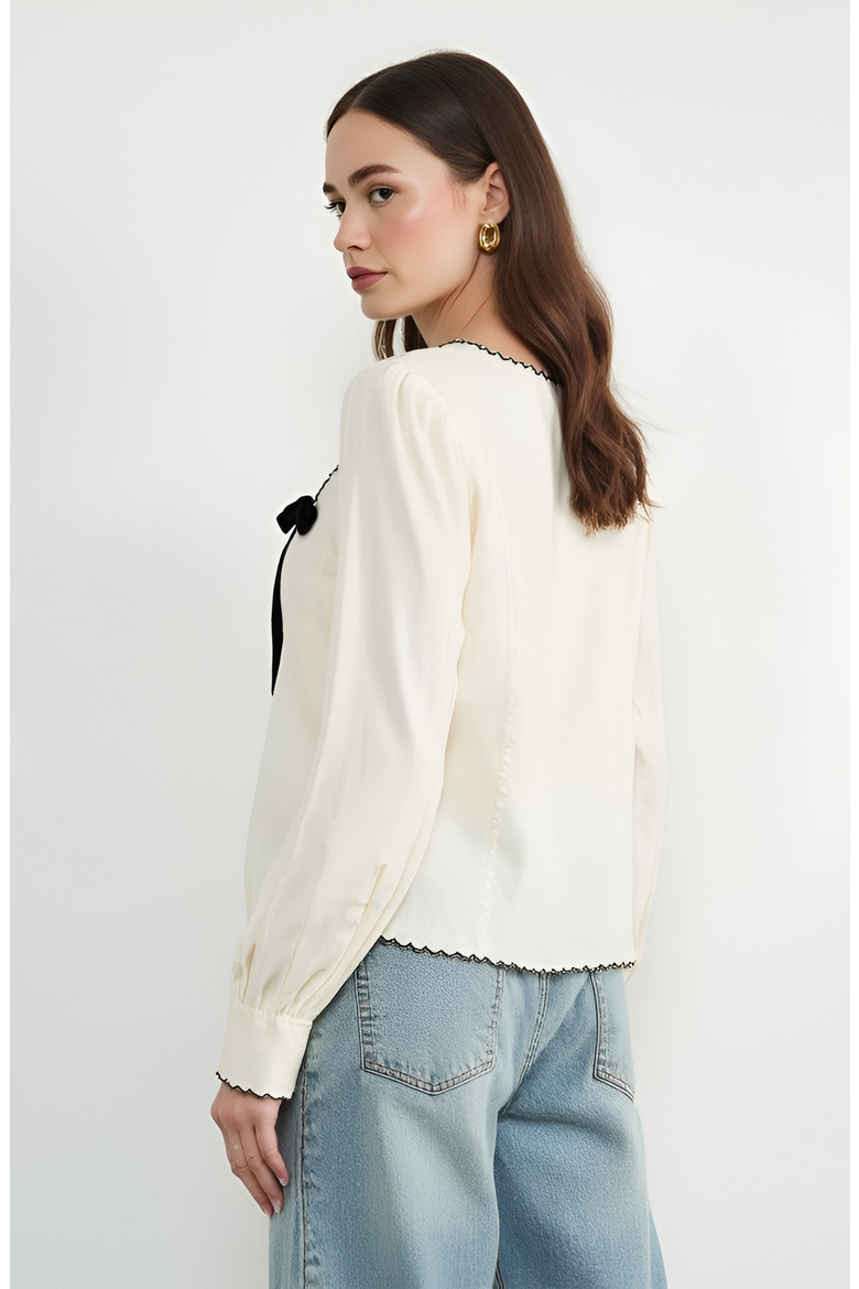 Embroidered Blouse with Velvet Bow, Alternate, color, Cream / Off-White