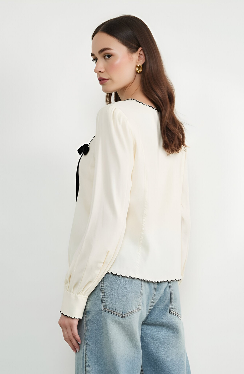 Modenaire Embroidered Blouse with Velvet Bow, Alternate, color,