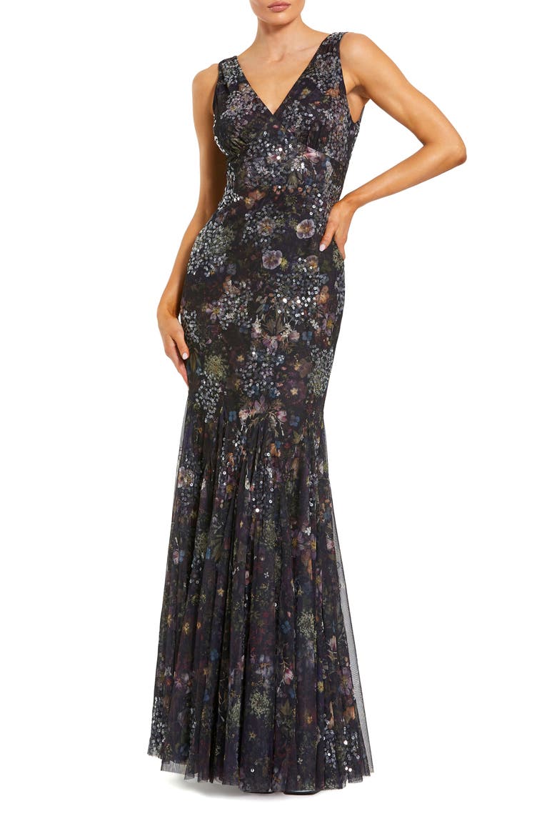Embellished Floral Sleeveless V-Back Gown, Main, color, Black Multi