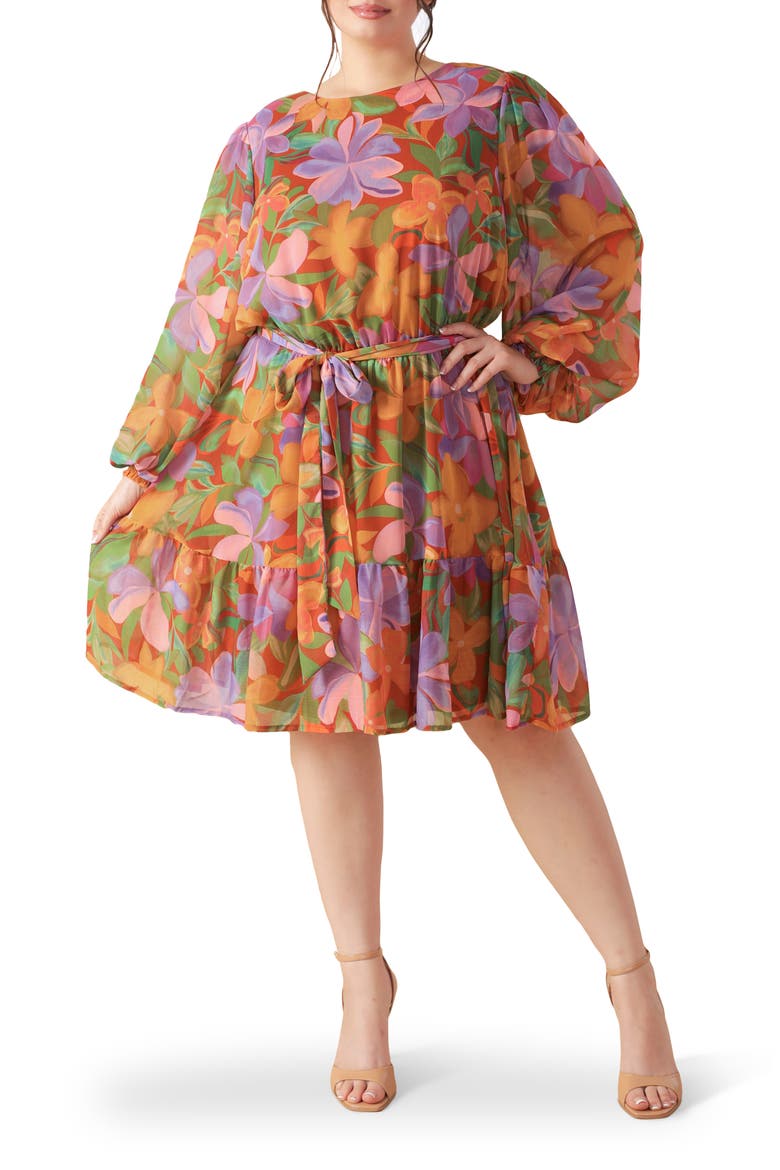 Long Sleeve Print Minidress, Main, color, RUST