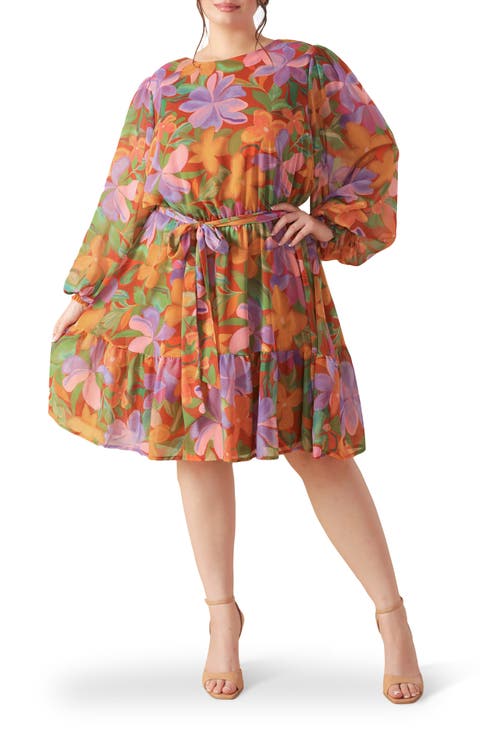 Long Sleeve Print Minidress (Plus)