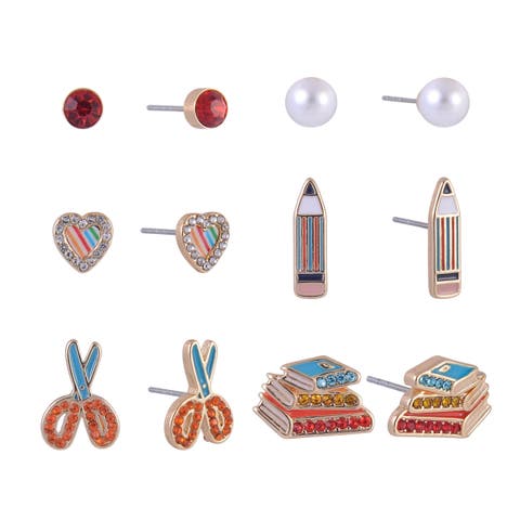 School Theme 6 Pack Stud Earring Set