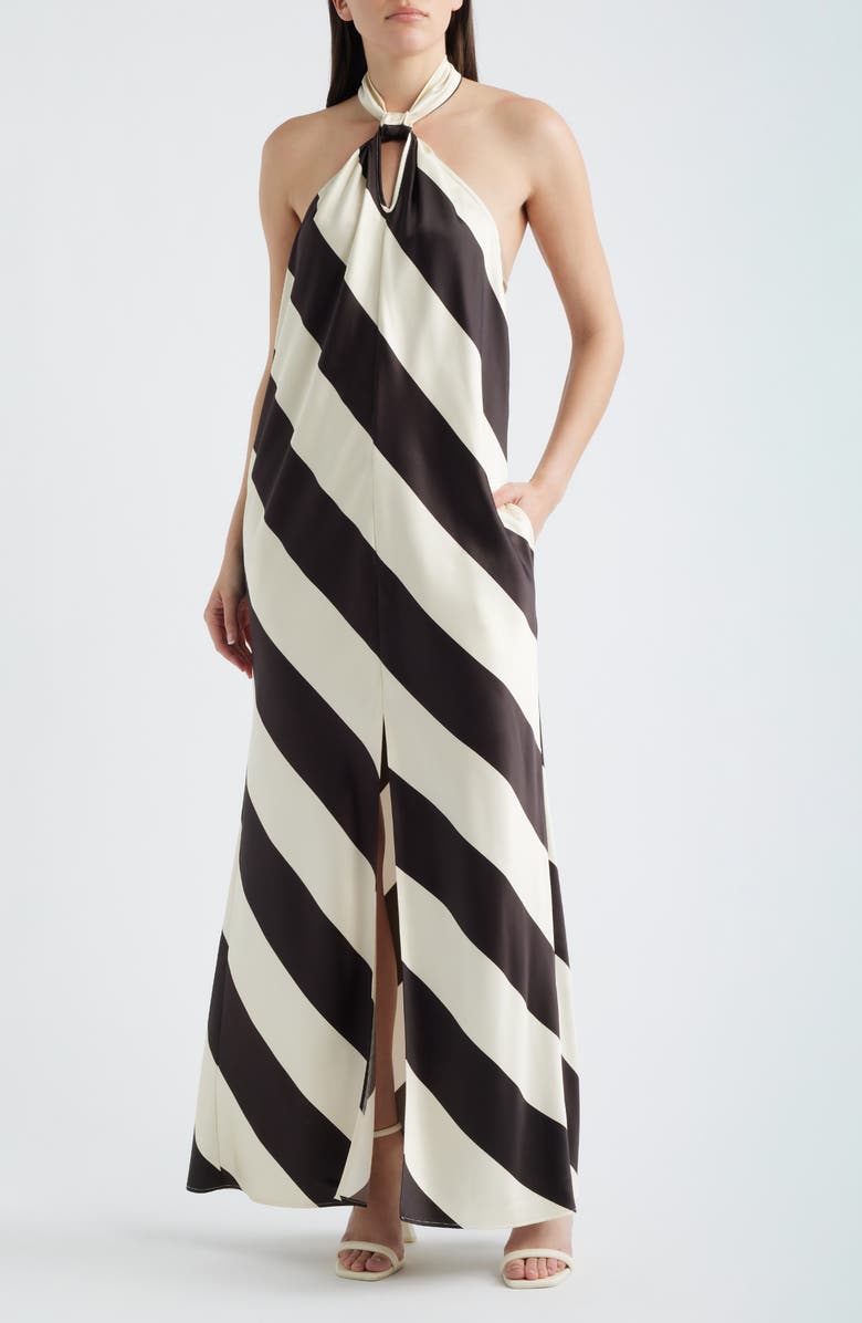 Torn by Ronny Kobo Vega Stripe Satin Halter Dress, Main, color, Brown / Ivory