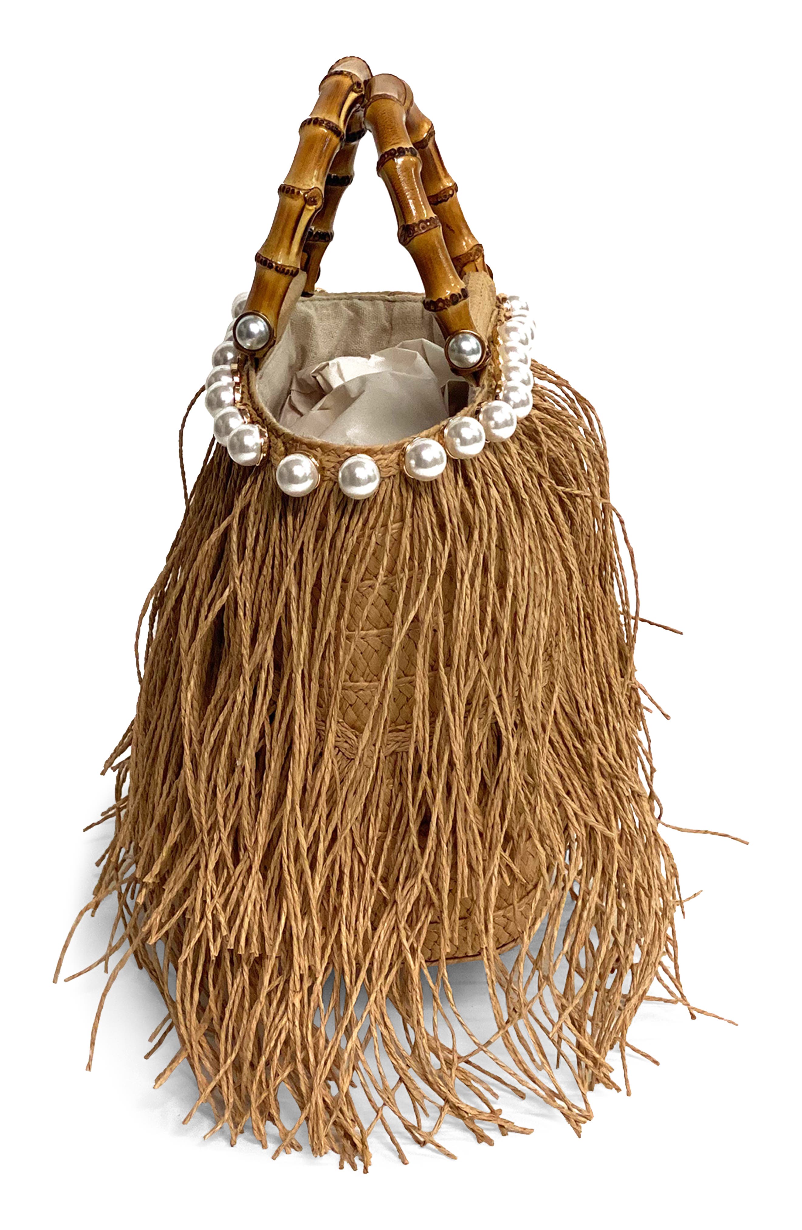 Kiki Fringe Straw Clutch, Alternate, color, SAND
