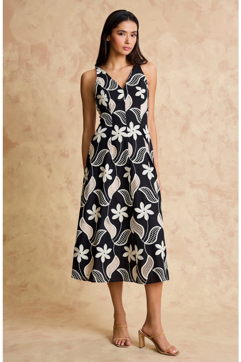 Embroidered Sleeveless Cotton Midi Dress, Alternate, color, BLACK/ CREAM