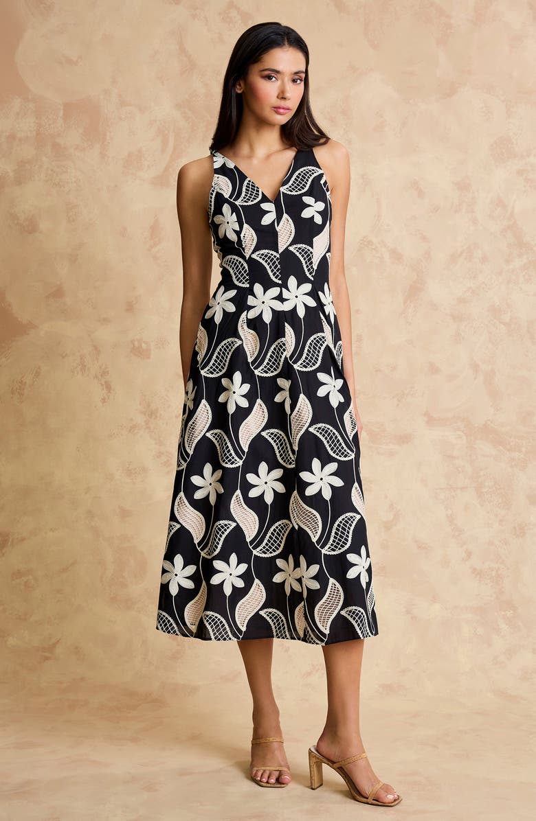 Maggy London Embroidered Sleeveless Cotton Midi Dress, Alternate, color, Black/ Cream