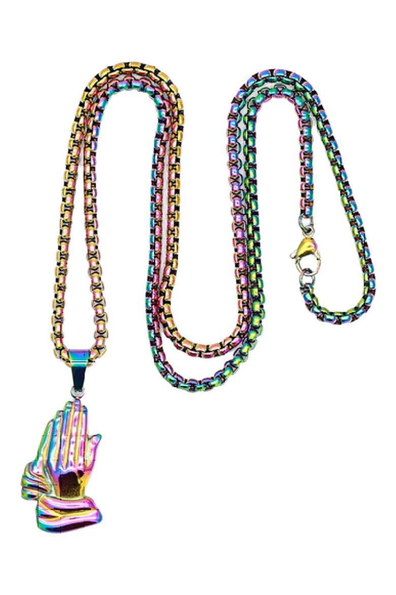Men's Praying Hands Pendant Box Chain Necklace, Main, color, MULTI
