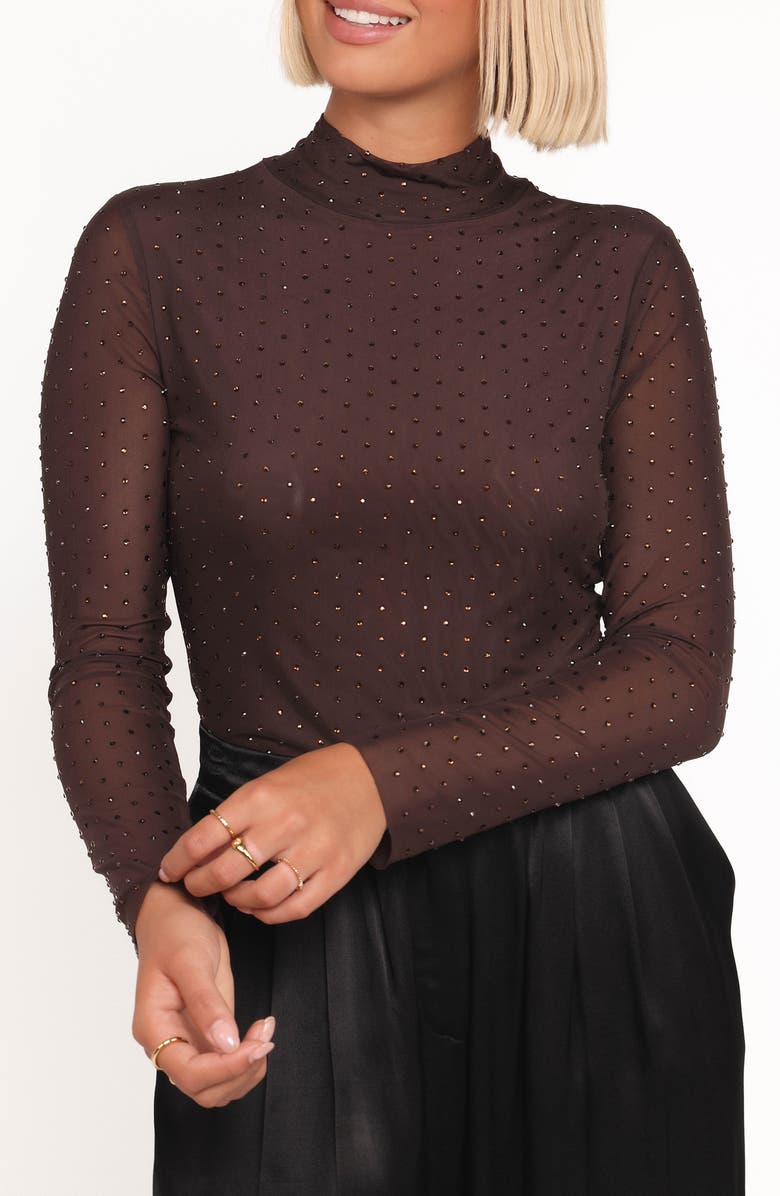 Petal & Pup Alejandra Embellished Mesh Top, Main, color, Dark Chocolate