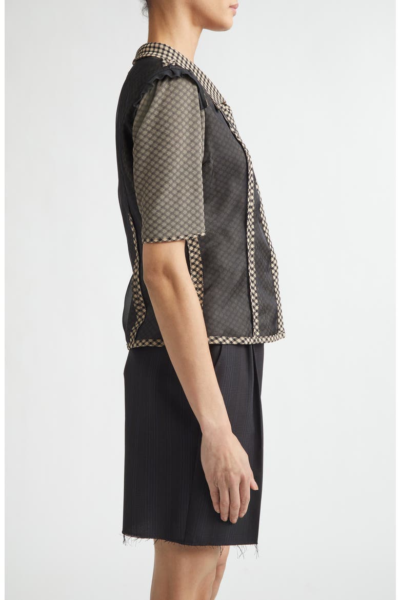 Jacquard Silk Organza Mixed Media Short Sleeve Button-Up Shirt, Alternate, color, BEIGE/ BLACK