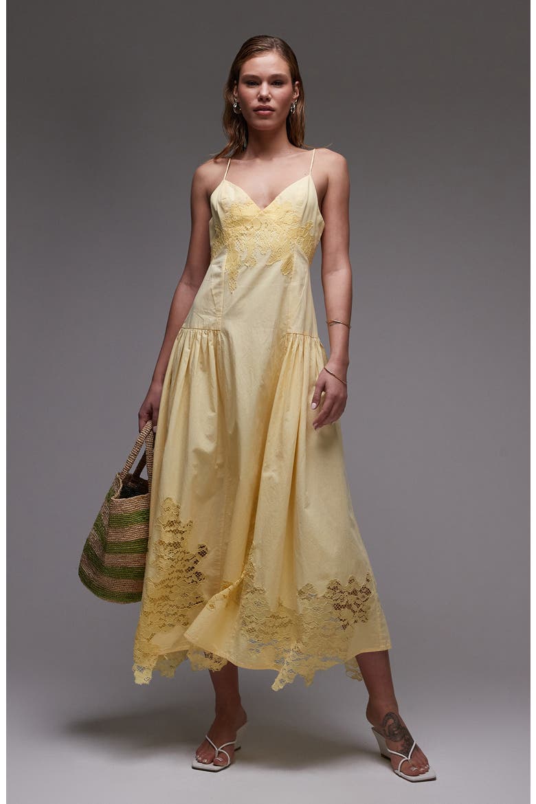 Lace Trim Cotton Poplin Sundress, Main, color, YELLOW