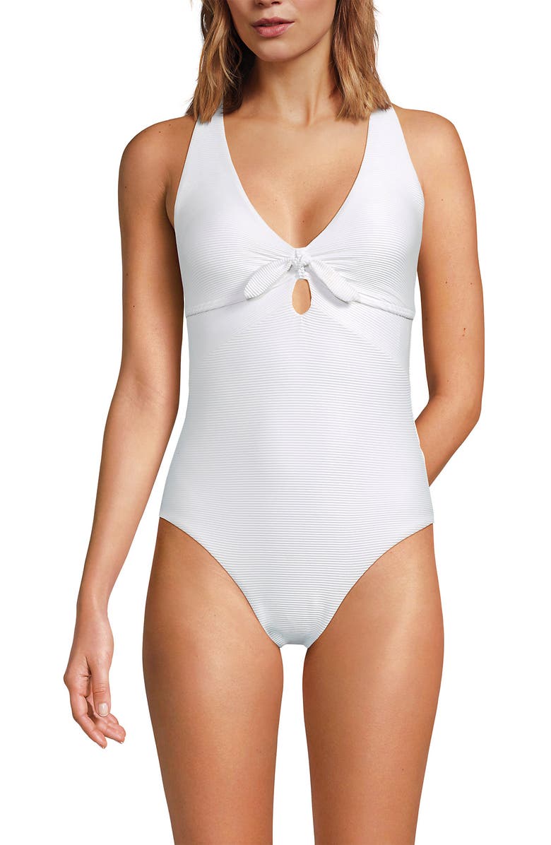 Lands' End Ribbed Knot Front One Piece Swimsuit, Main, color, White Ottoman