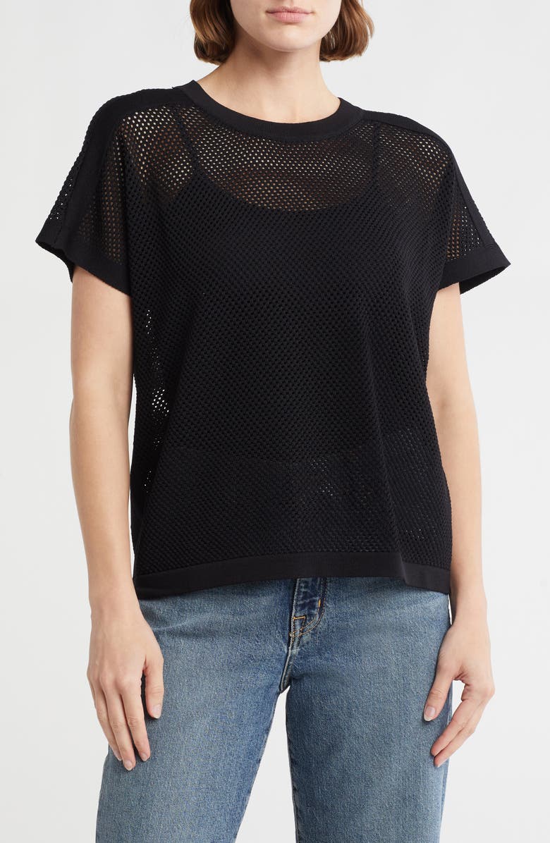 Adrianna Papell Mesh Openwork Sweater, Main, color, Black