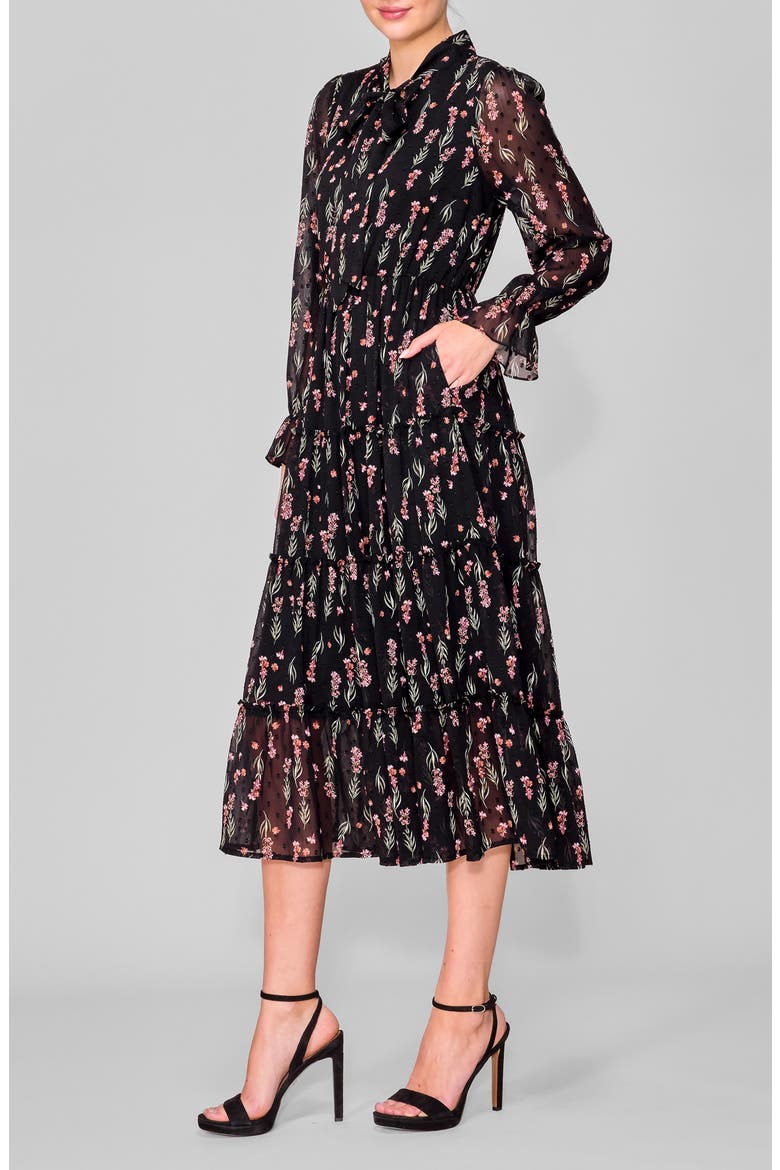 Tie Front Long Sleeve Tiered Midi Dress, Alternate, color, BLACK FLORAL