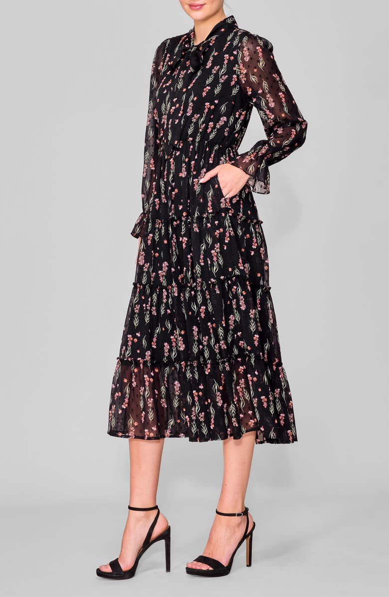 MELLODAY Tie Front Long Sleeve Tiered Midi Dress, Alternate, color, Black Floral