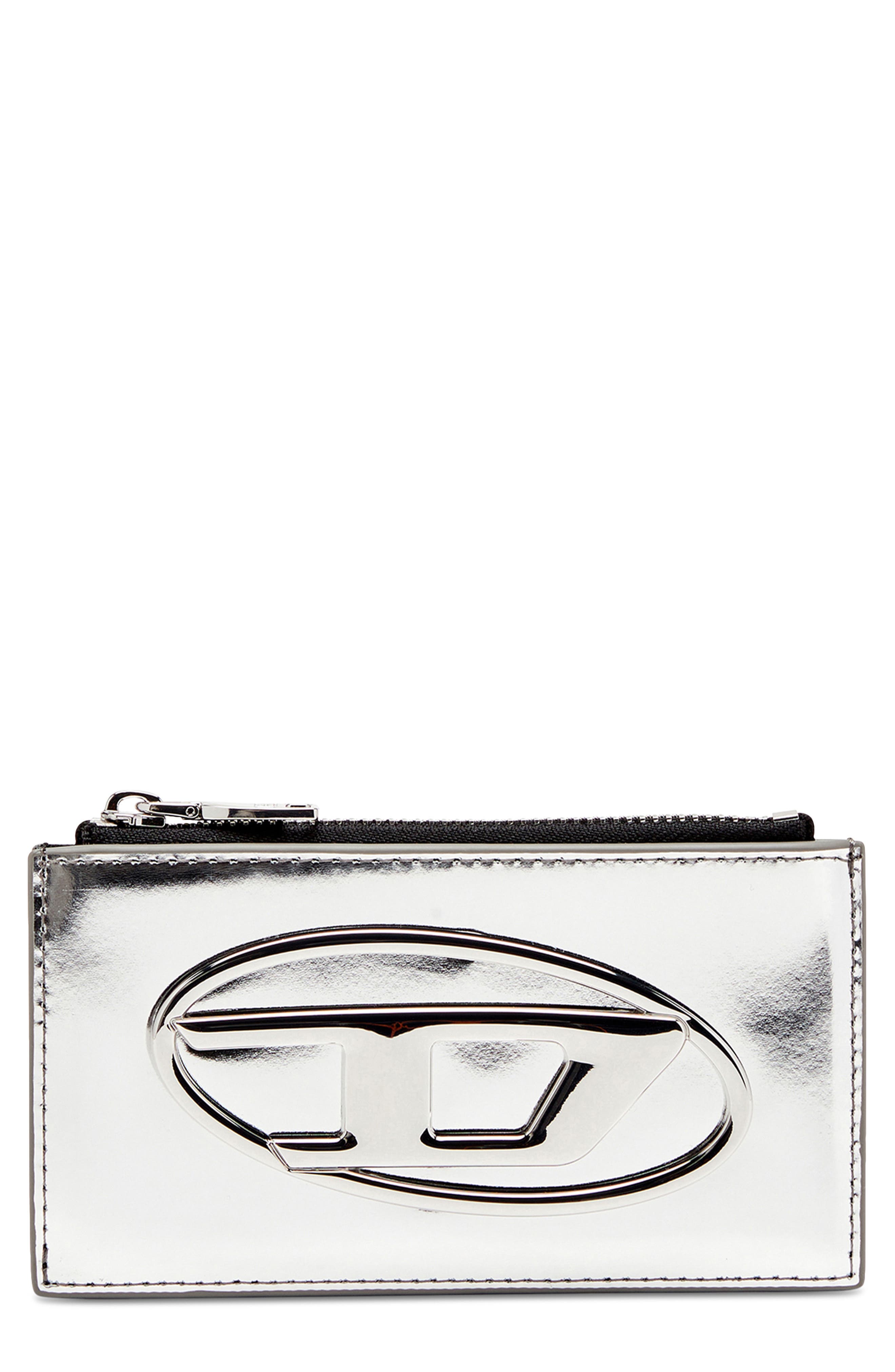 Diesel ® 1dr Metallic Leather Card Holder In Silver