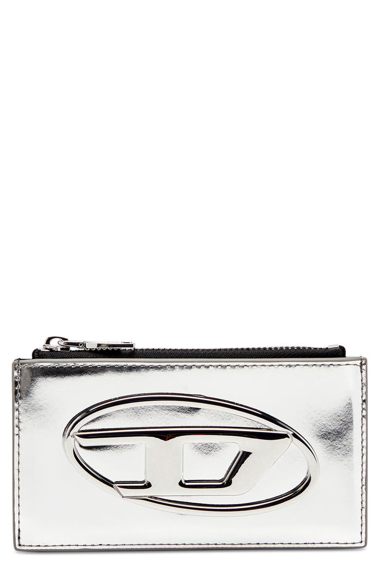 DIESEL<sup>®</sup> 1DR Metallic Leather Card Holder, Main, color, Silver