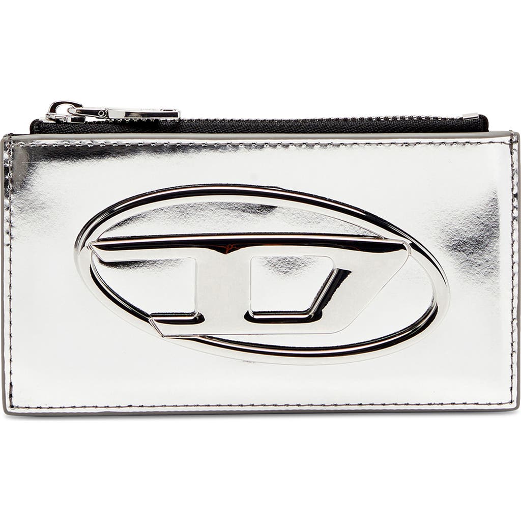 Diesel ® 1dr Metallic Leather Card Holder In Silver