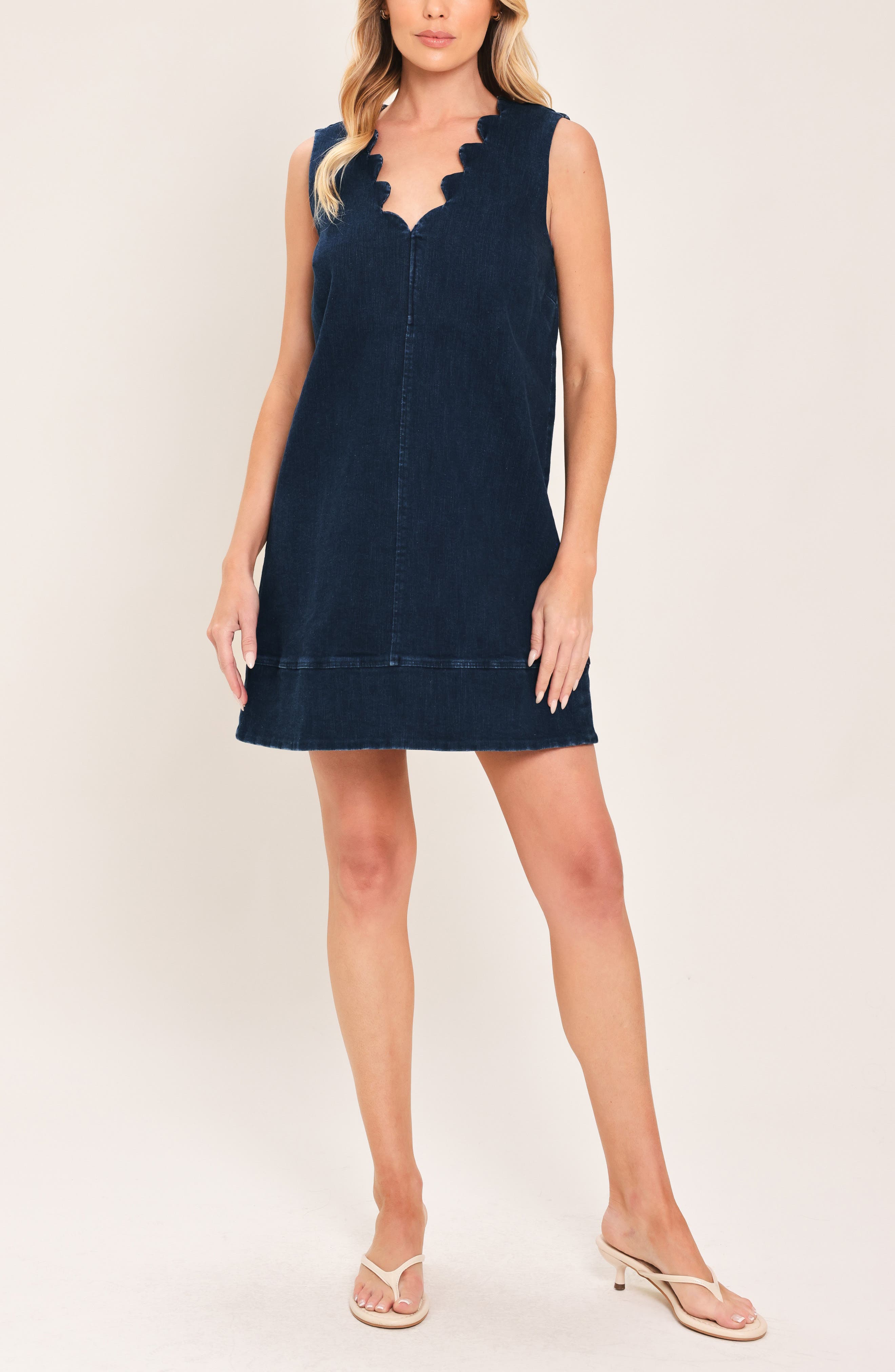 Scalloped Sleeveless Denim MInidress