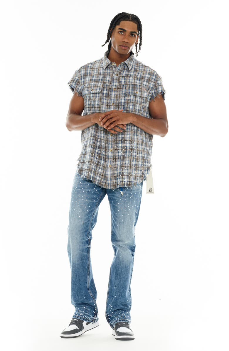 Cult of Individuality Plaid Short Sleeve Cotton Button-Up Shirt, Alternate, color, Sky Blue
