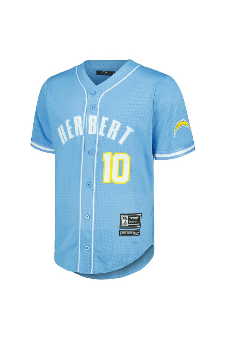 Men's Pro Standard Justin Herbert Powder Blue Los Angeles Chargers Mesh Baseball Button-Up T-Shirt, Alternate, color, Powder Blue
