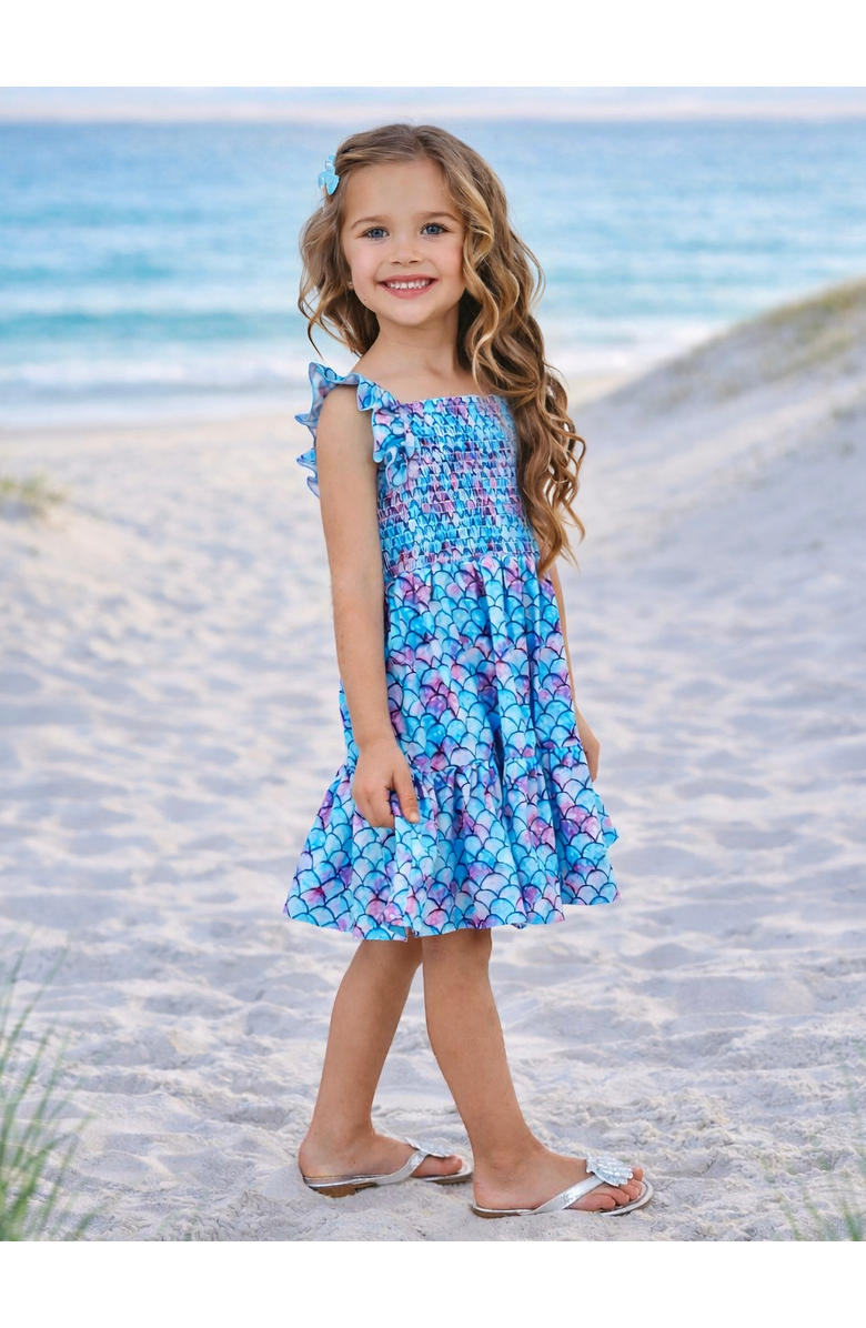 Mia Belle Girls I Washed Up Like This Mermaid Ruffle Sundress, Alternate, color, Blue