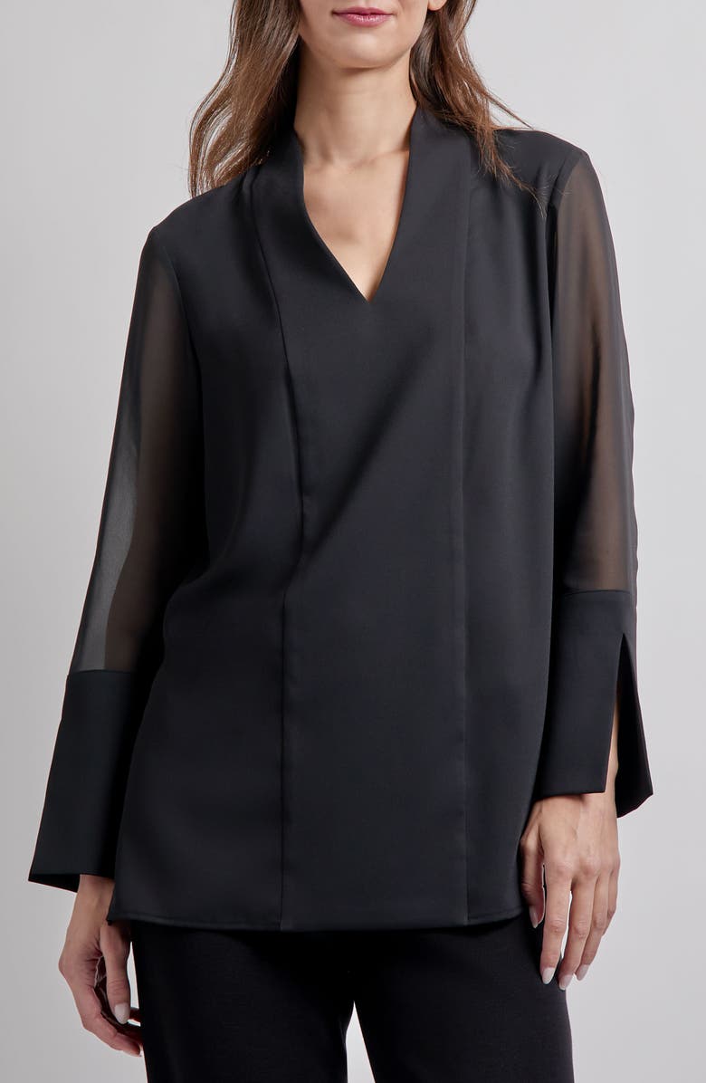 Misook Sheer Sleeve Crêpe de Chine Top, Main, color, Black