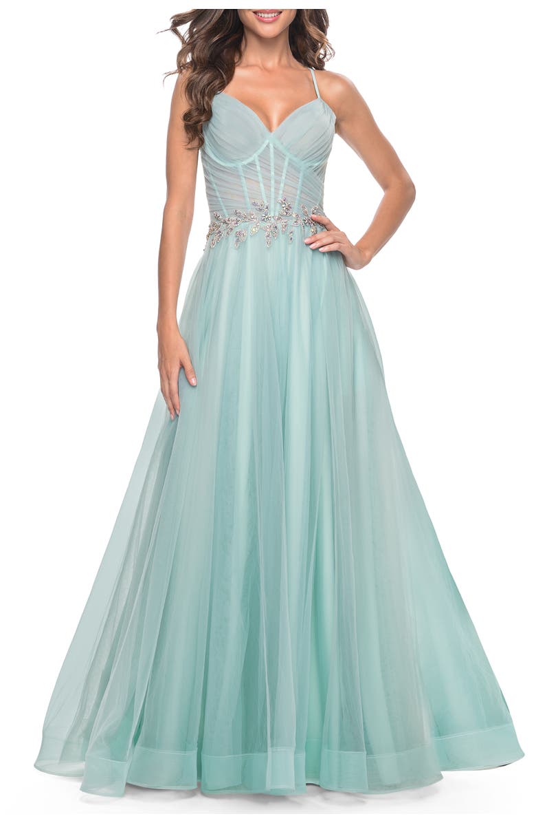 La Femme A-Line Prom Gown with Ruched Bodice and Rhinestone Belt Detail, Main, color, Light Blue