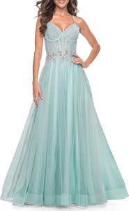 La Femme A-Line Prom Gown with Ruched Bodice and Rhinestone Belt Detail