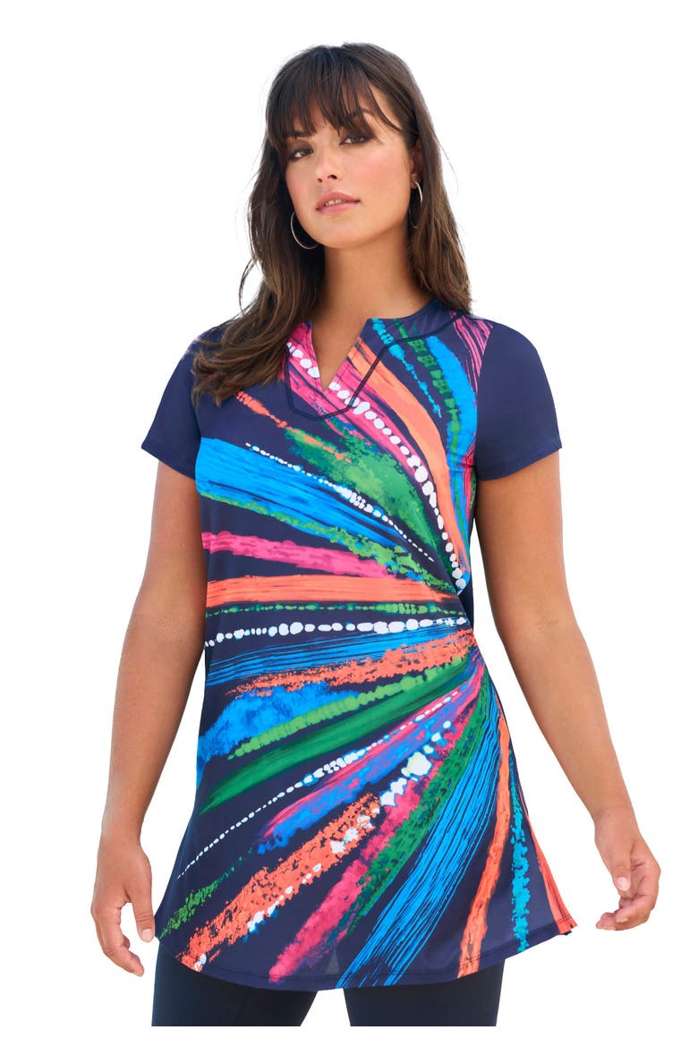 Longer-Length Notch-Neck Short-Sleeve Swim Tunic, Main, color, RAINBOW STARBURST
