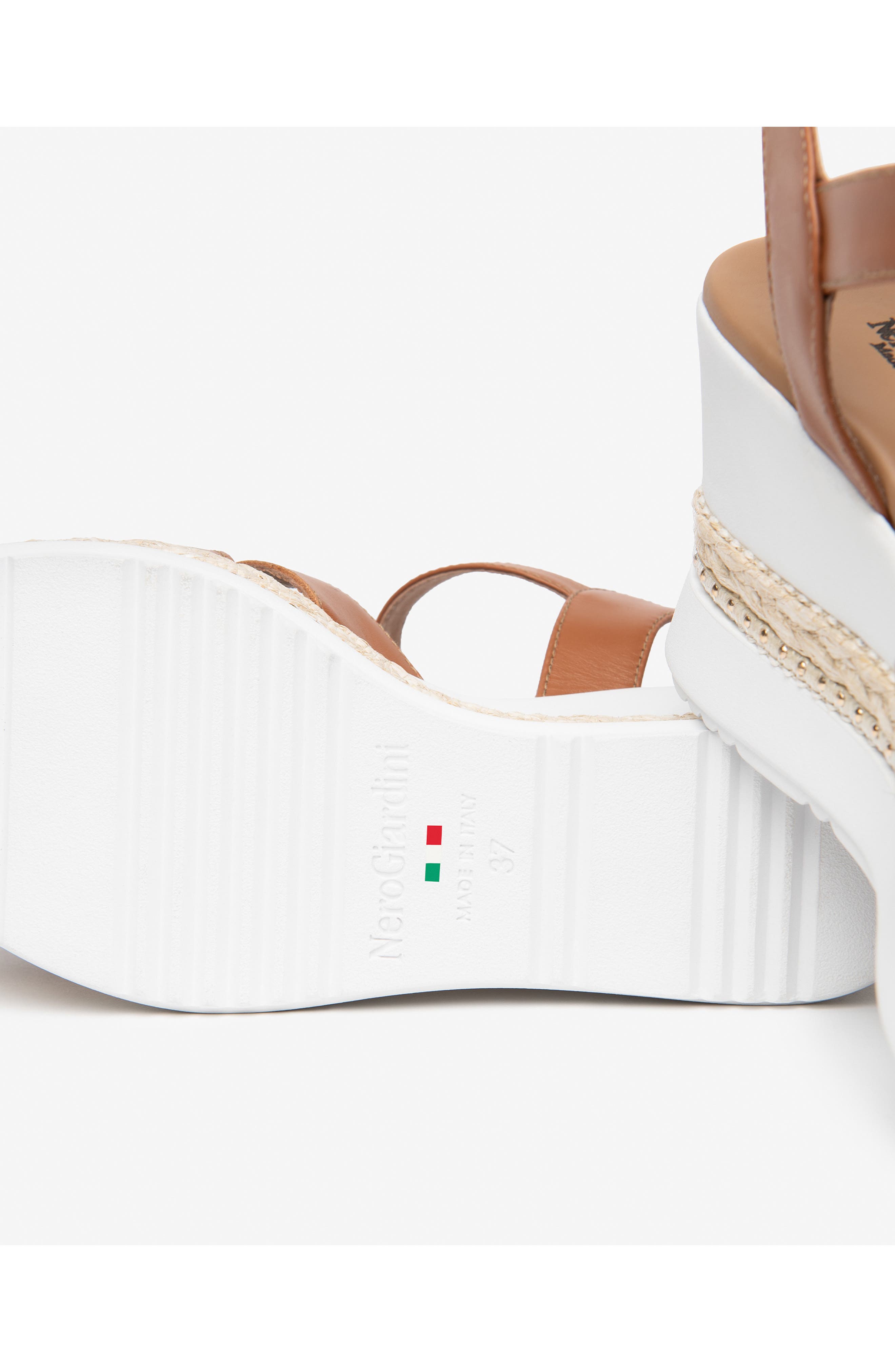 NeroGiardini Floral Platform Wedge Sandal, Alternate, color, Cognac