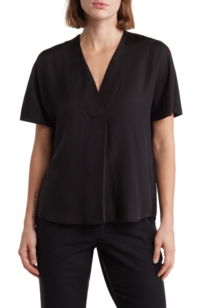 Vince Front Pleat Silk Blend Blouse, Main, color, Black