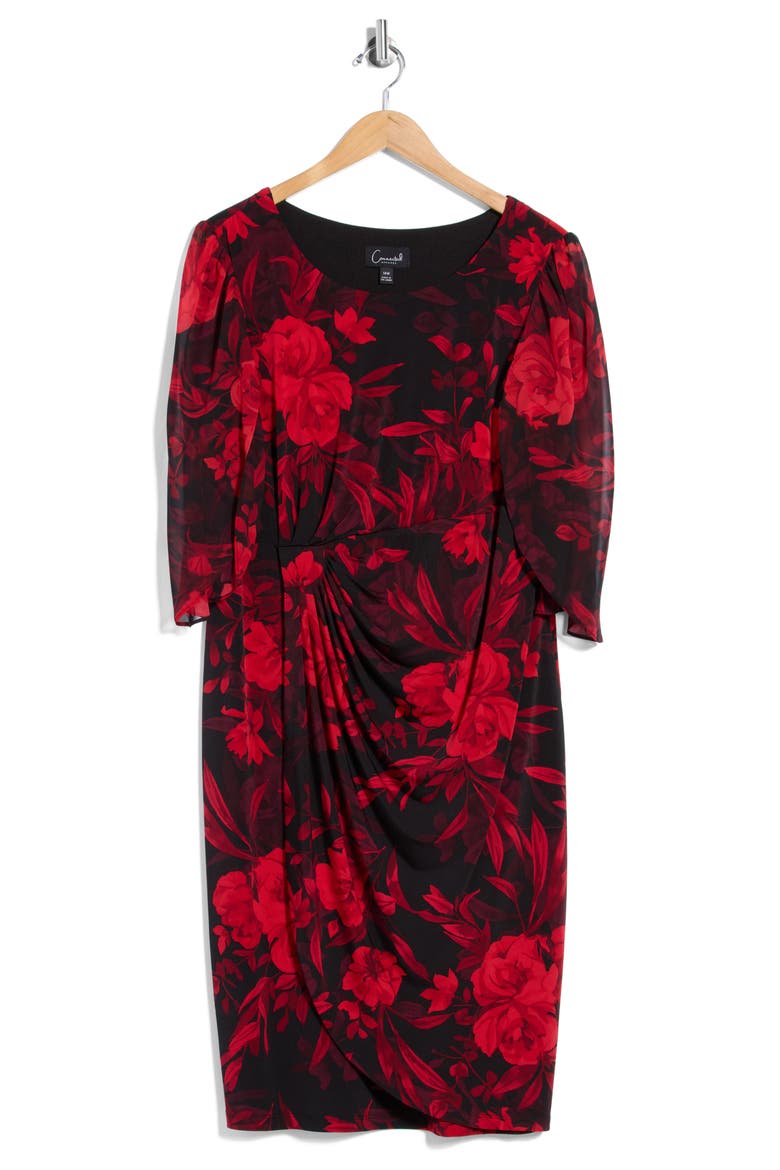 Cape Sleeve Faux Wrap Dress, Main, color, RUBY