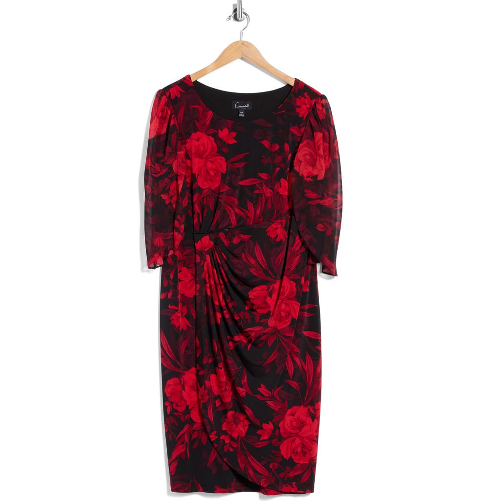 Connected Apparel Cape Sleeve Faux Wrap Dress In Ruby
