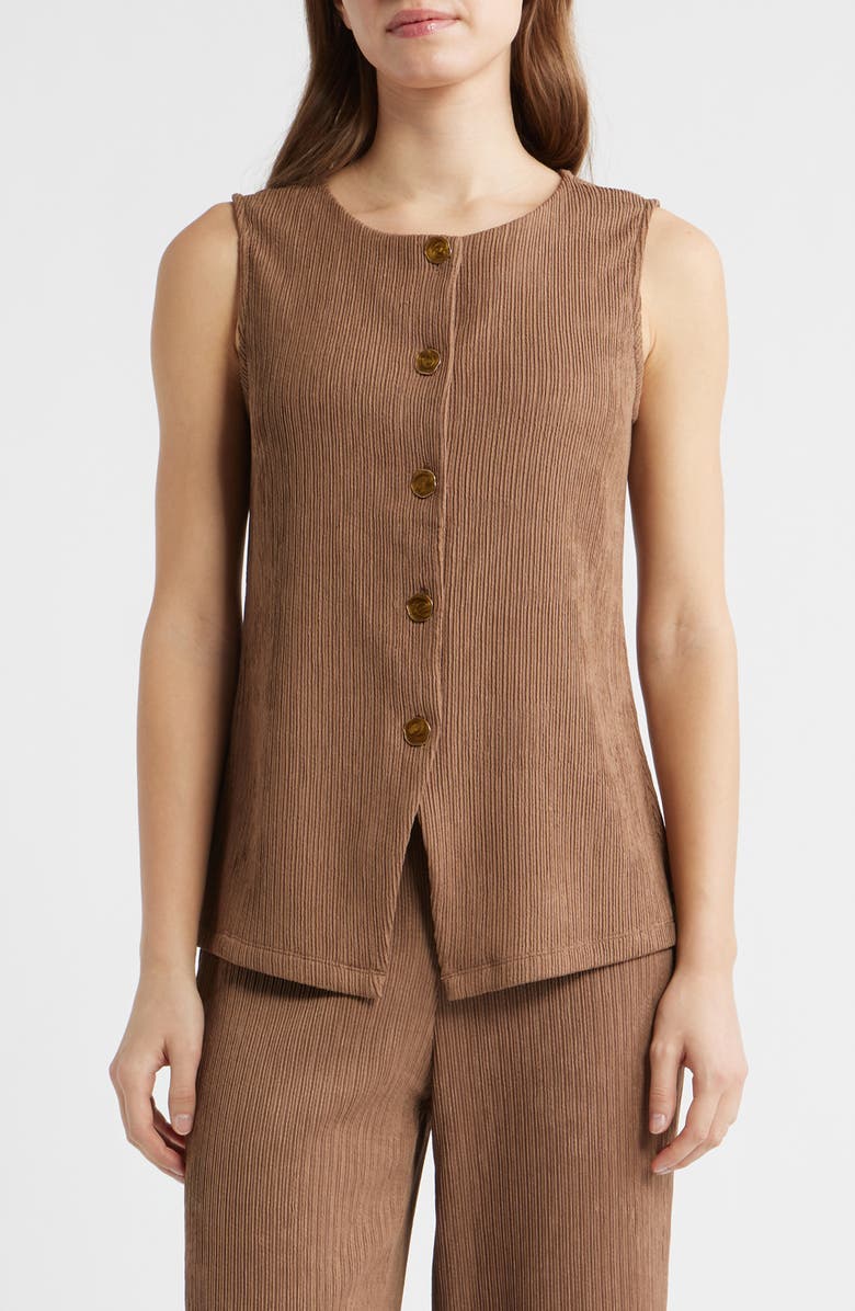 Anne Klein Sleeveless Knit Button-Up Shirt, Main, color, Mushroom