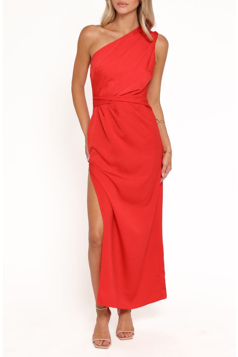 Nadia One-Shoulder Gown, Main, color, RED JACQUARD SATIN