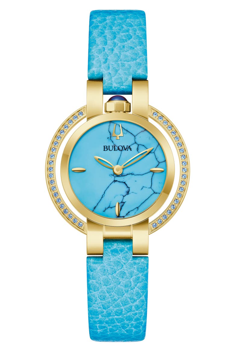 Rubaiyat Reconstituted Turquoise Leather Strap Watch, 30.5mm, Main, color, BLUE