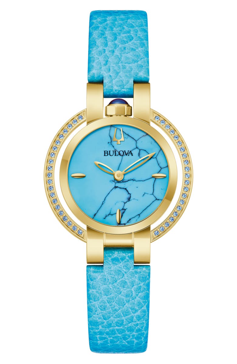 BULOVA Rubaiyat Reconstituted Turquoise Leather Strap Watch, 30.5mm, Main, color, Blue