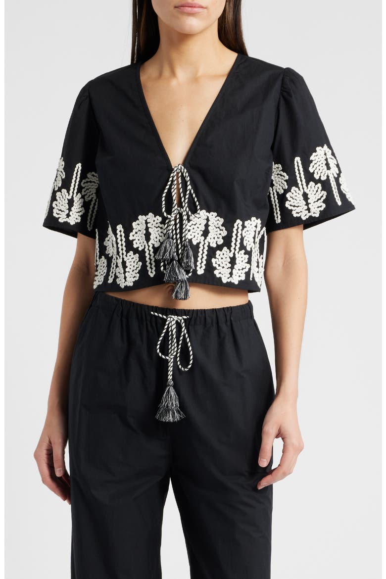 Pari Rickrack Palms Tie Front Cotton Crop Top, Main, color, BLACK IVORY PALM TREES