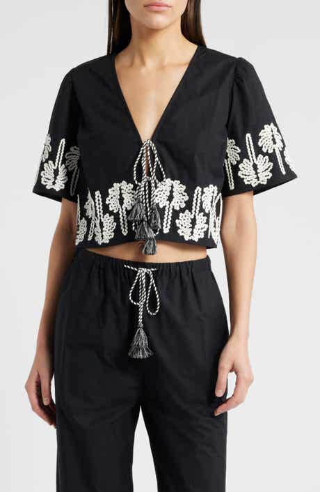 Pari Rickrack Palms Tie Front Cotton Crop Top