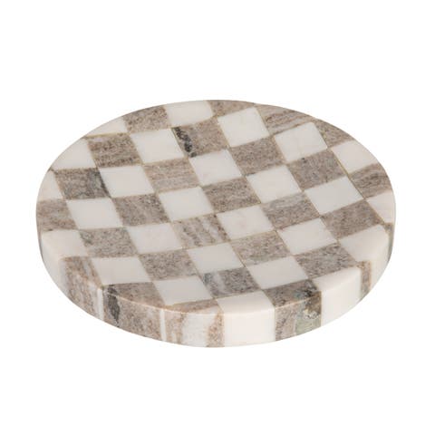 Round Marble Checkered Cheese and Serving Tray, Buff Color and White
