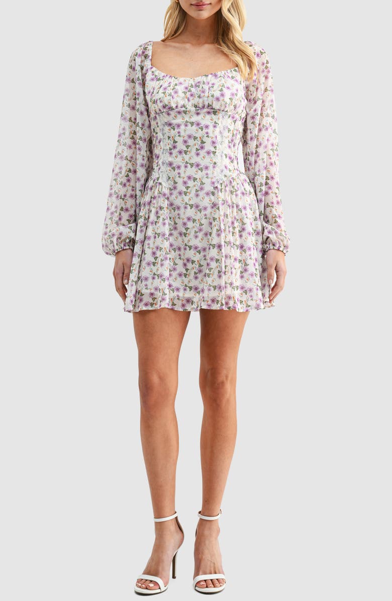Lush Floral Long Sleeve Fit & Flare Minidress, Main, color, Lilac Floral