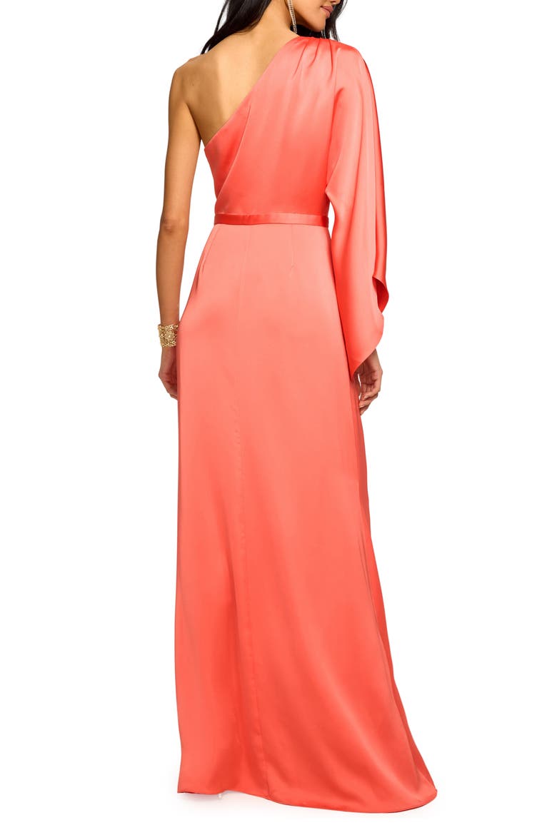 Opal One-Shoulder Single Long Sleeve Satin Gown, Alternate, color, CORAL