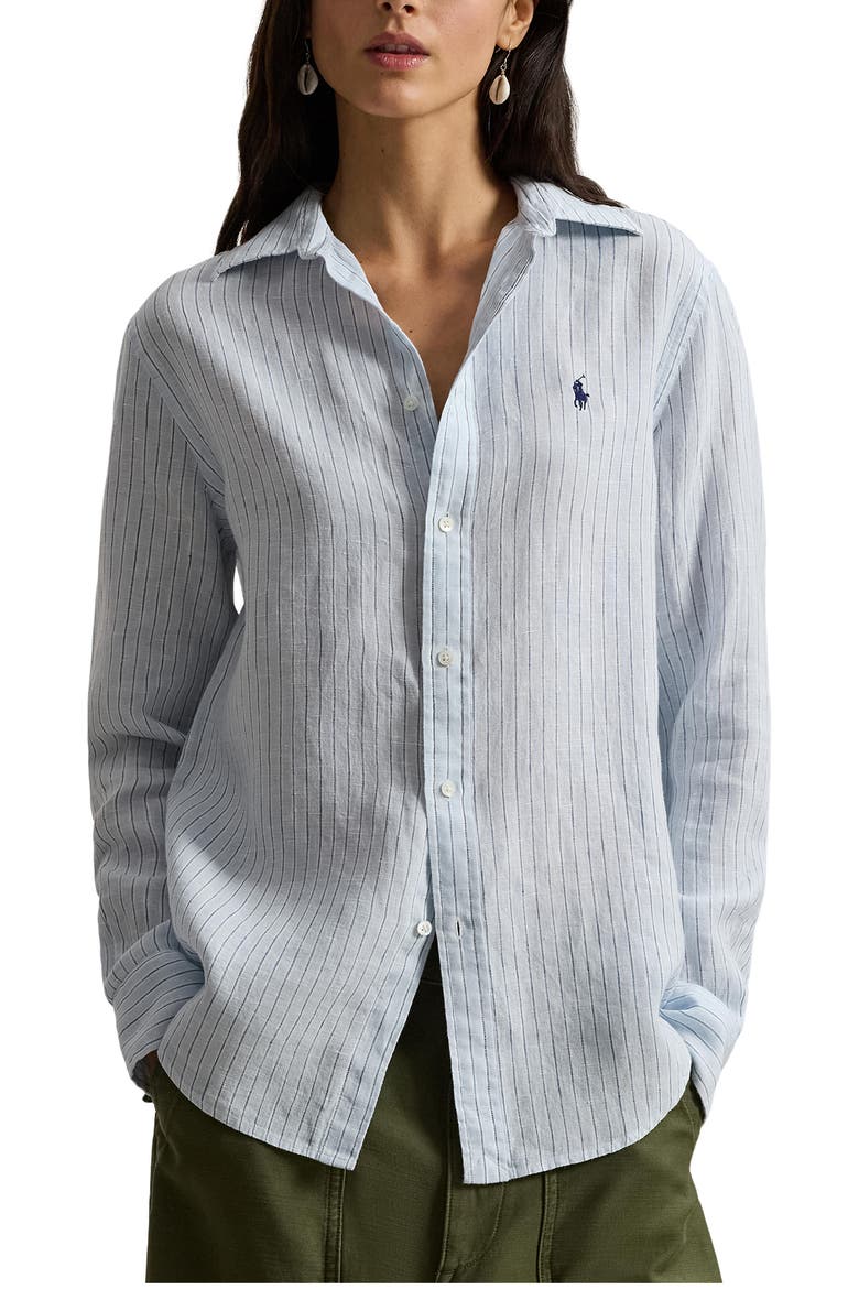 Classic Fit Stripe Linen Button-Up Shirt, Main, color, LIGHT BLUE WHITE