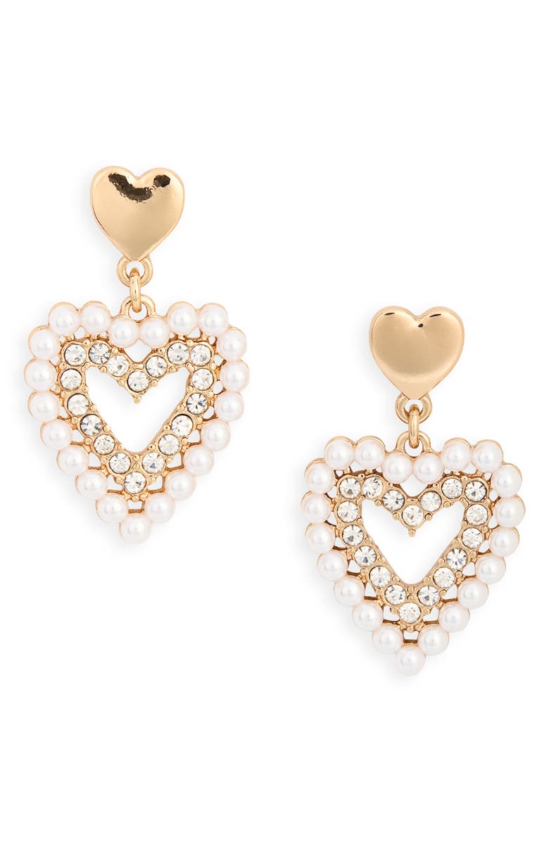 Ettika Faux Pearl & Cubic Zirconia Heart Drop Earrings, Main, color, Gold