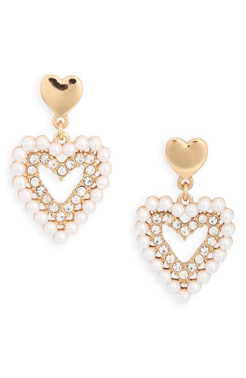 Faux Pearl & Cubic Zirconia Heart Drop Earrings