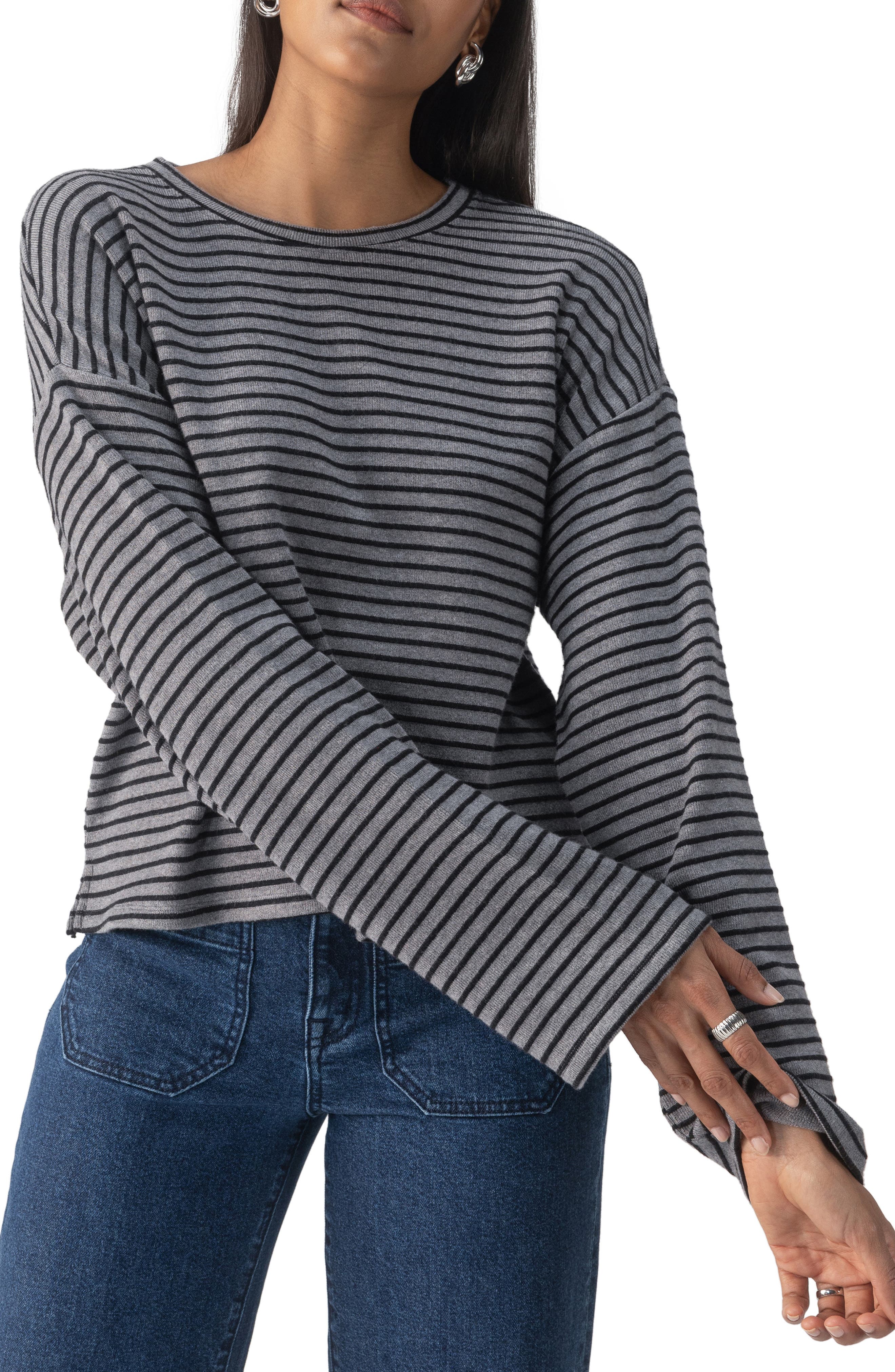 Sanctuary Textured Ottoman Stripe Crewneck Top in Heather Grey 