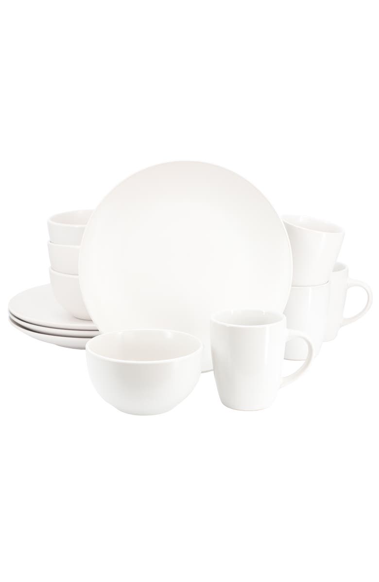 Gibson Home Everyday Plus 12 Piece Round Stoneware Dinnerware Set, Main, color, White