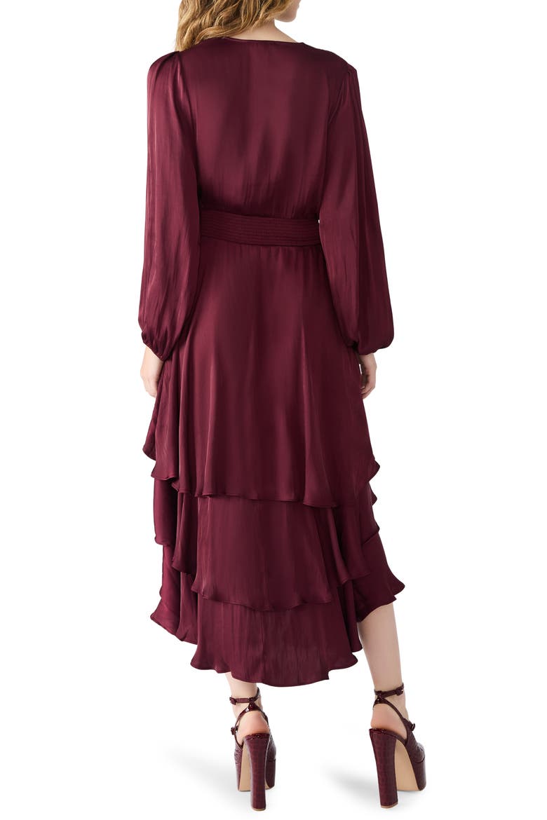 Bei Long Sleeve Tiered Satin Midi Dress, Alternate, color, WINE